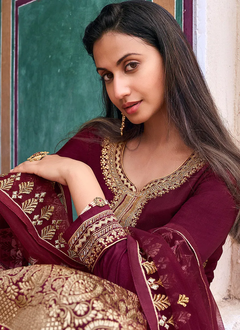 Maroon Golden Zari Embroidered Wedding Palazzo Suit