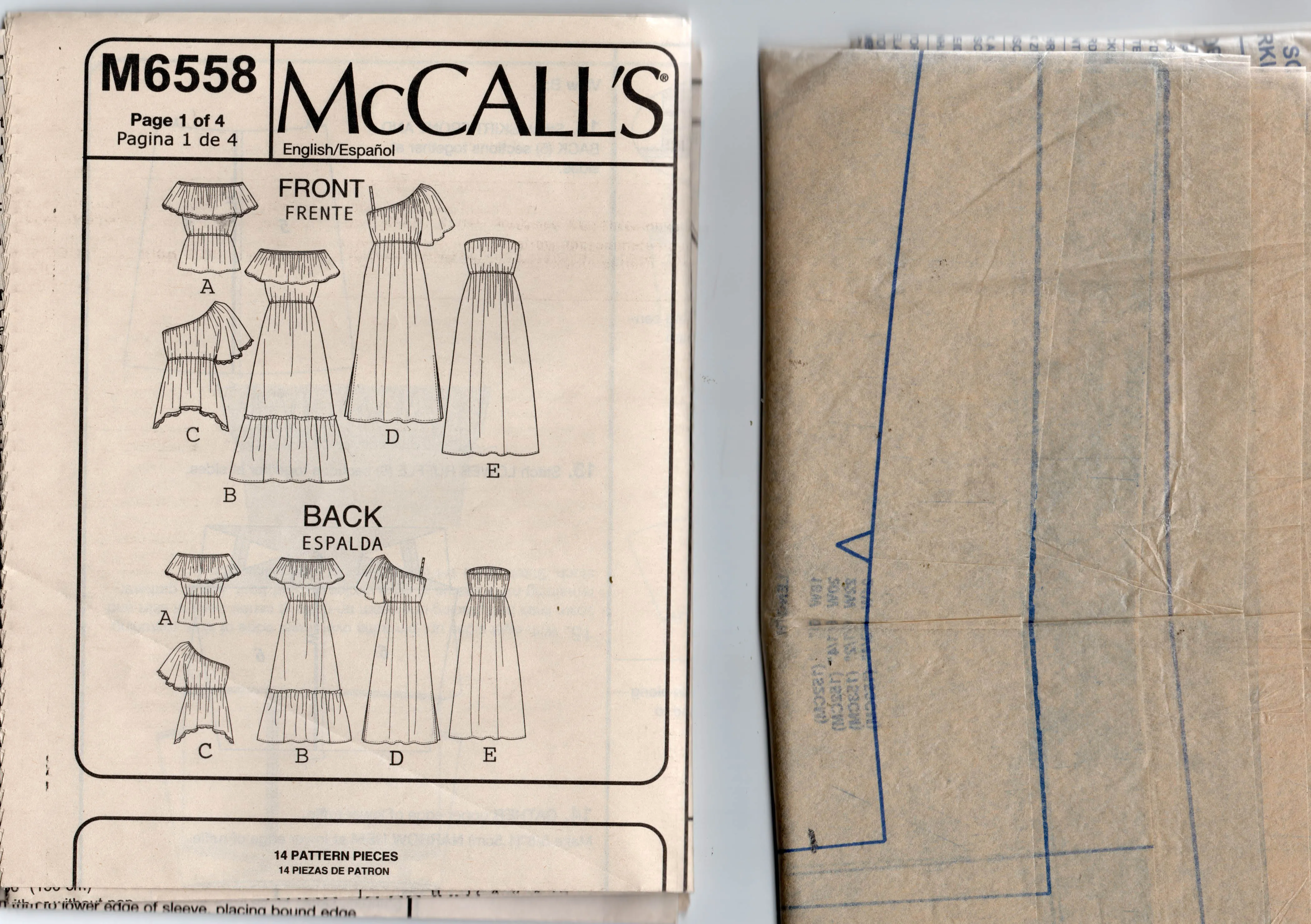 McCall's 6558 Womens EASY Wide Ruffled Peasant Tops & Dresses Out Of Print Sewing Pattern Size 18 - 24 UNCUT Factory Folded