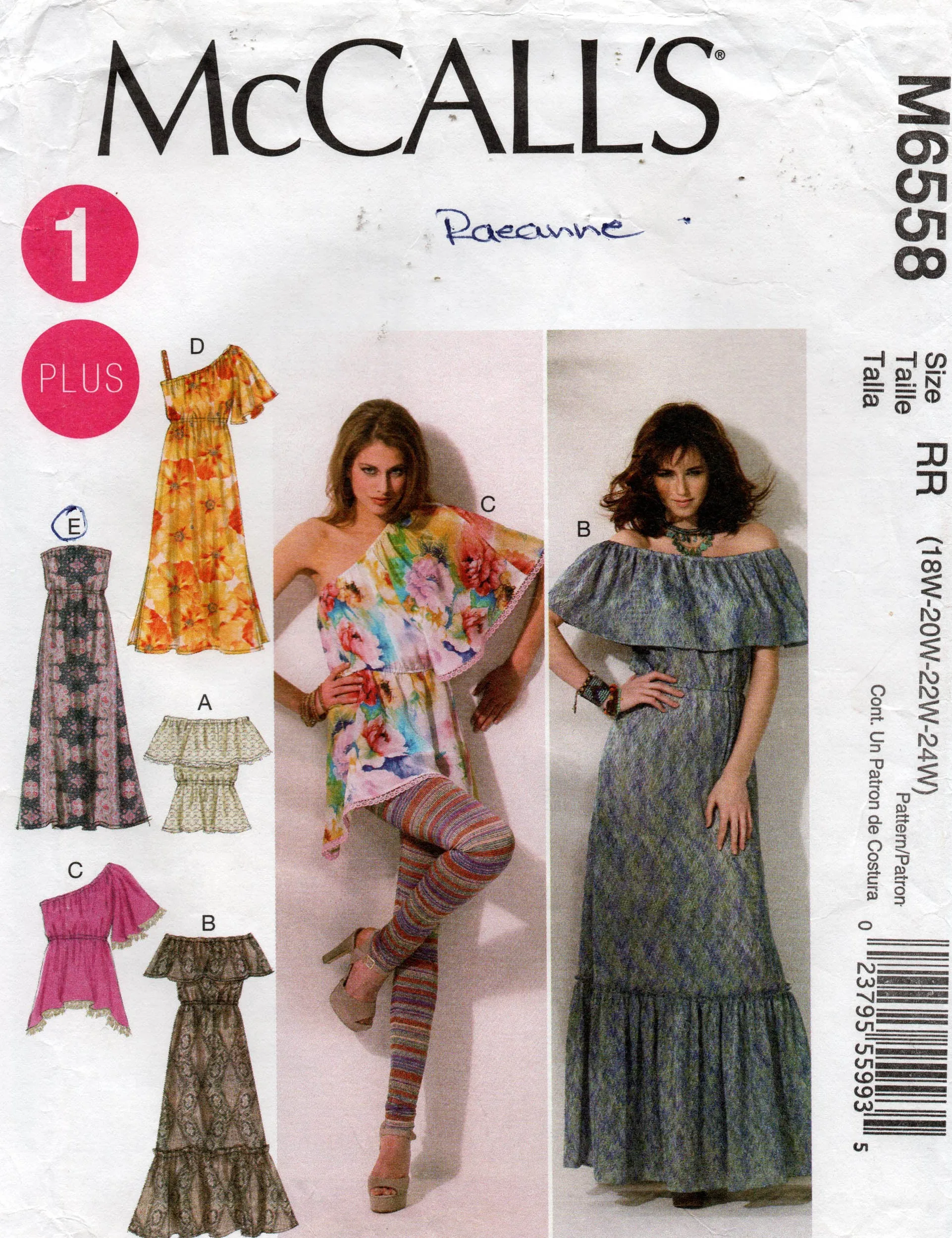 McCall's 6558 Womens EASY Wide Ruffled Peasant Tops & Dresses Out Of Print Sewing Pattern Size 18 - 24 UNCUT Factory Folded