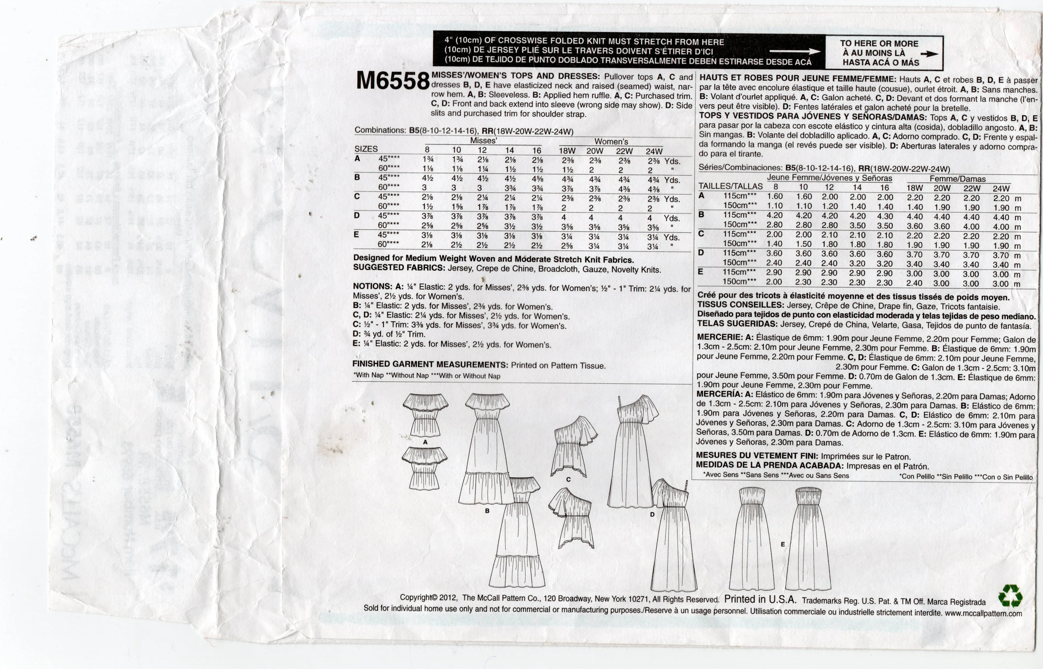 McCall's 6558 Womens EASY Wide Ruffled Peasant Tops & Dresses Out Of Print Sewing Pattern Size 18 - 24 UNCUT Factory Folded