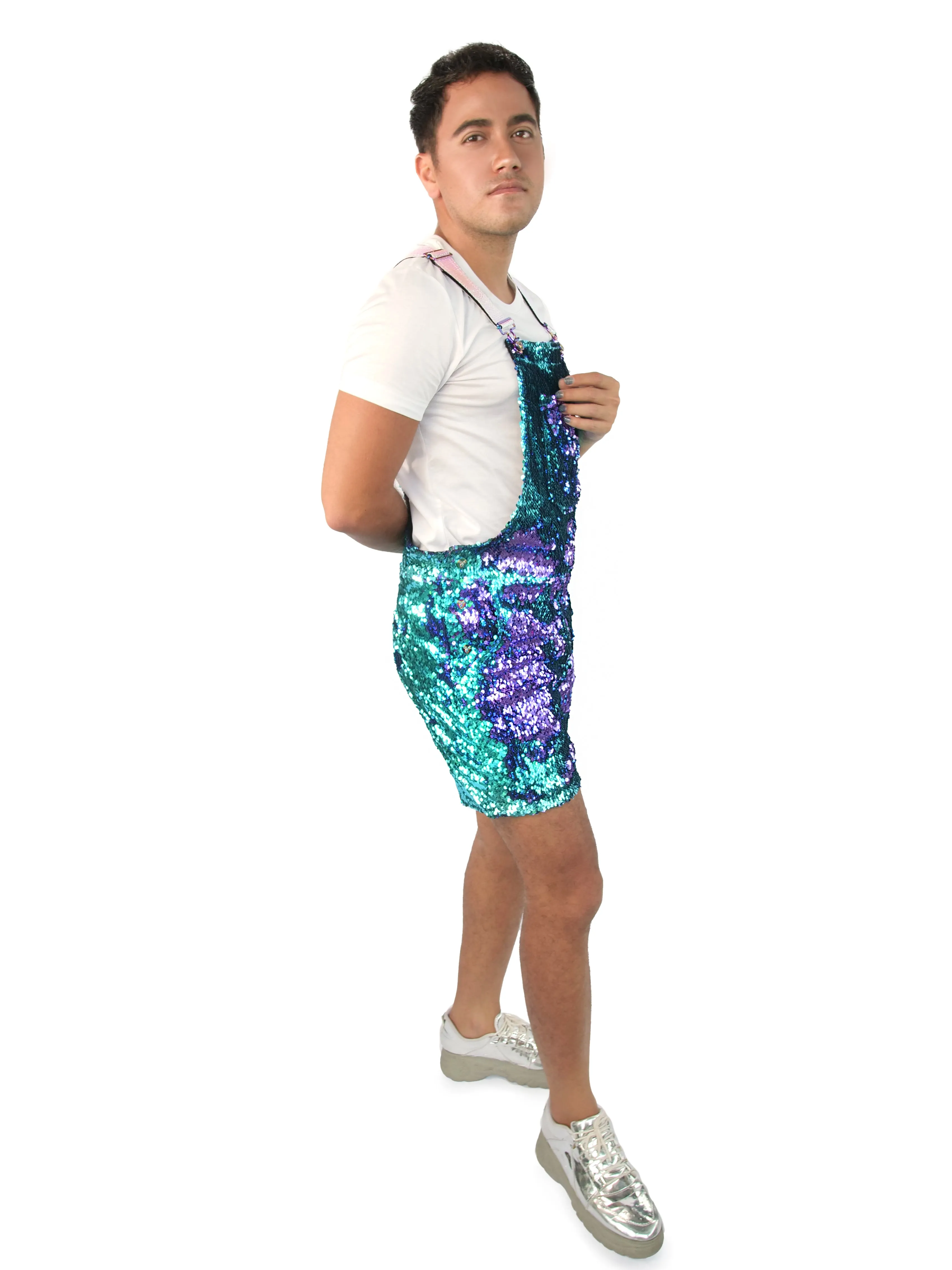 Mermaid Mystic Men's Short Sequin Overalls