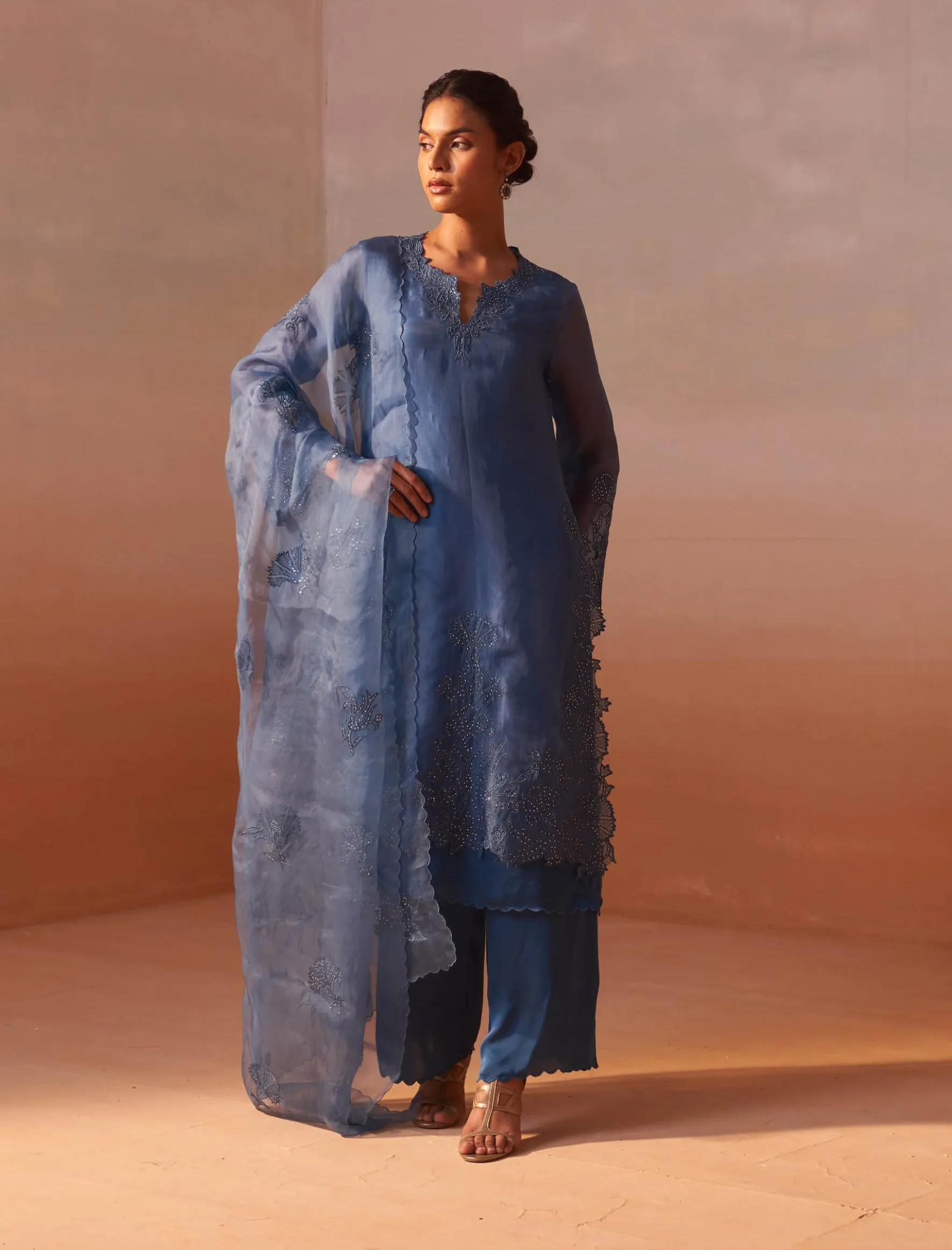 Mid blue organza kurta and palazzo set