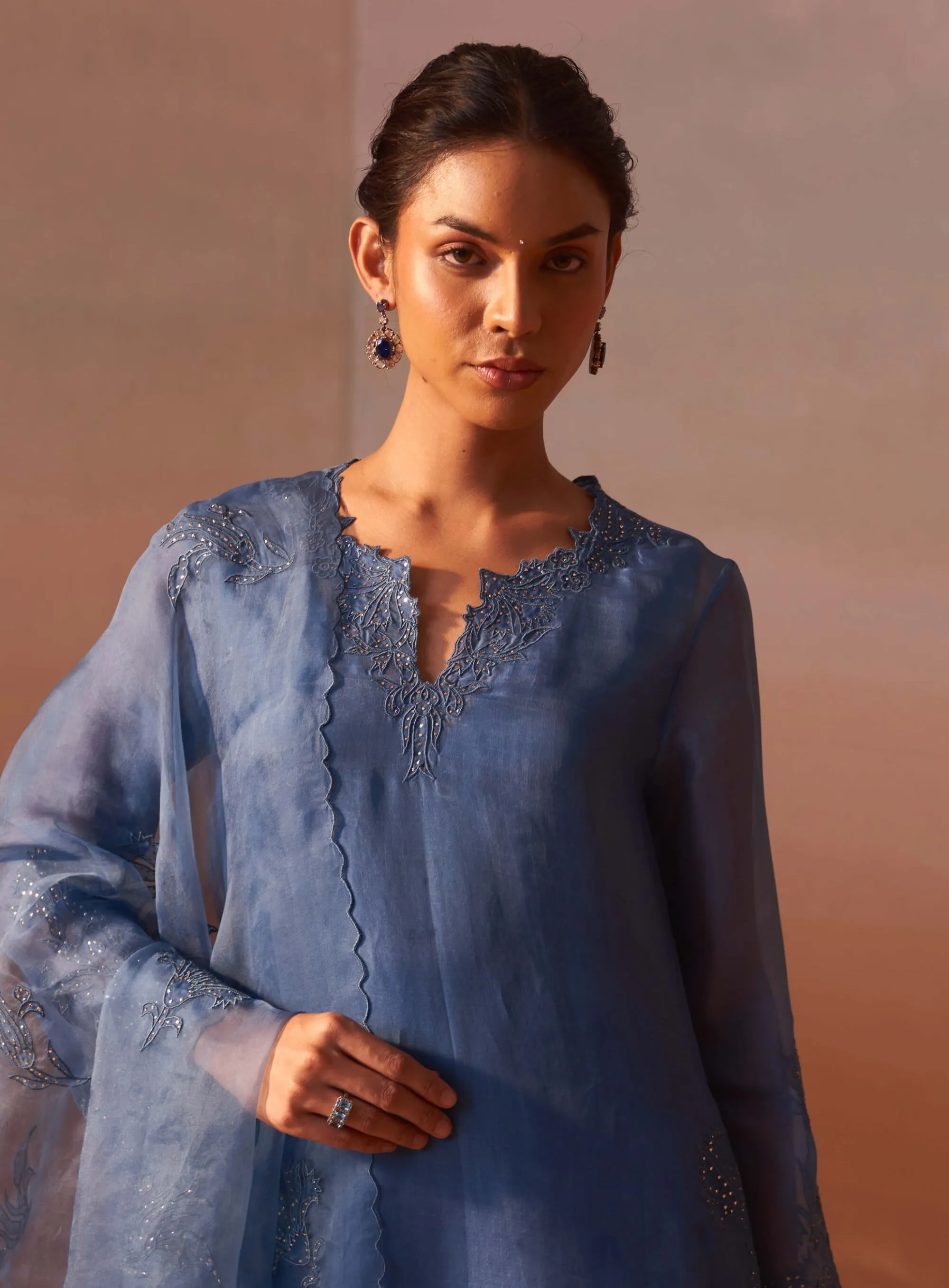 Mid blue organza kurta and palazzo set