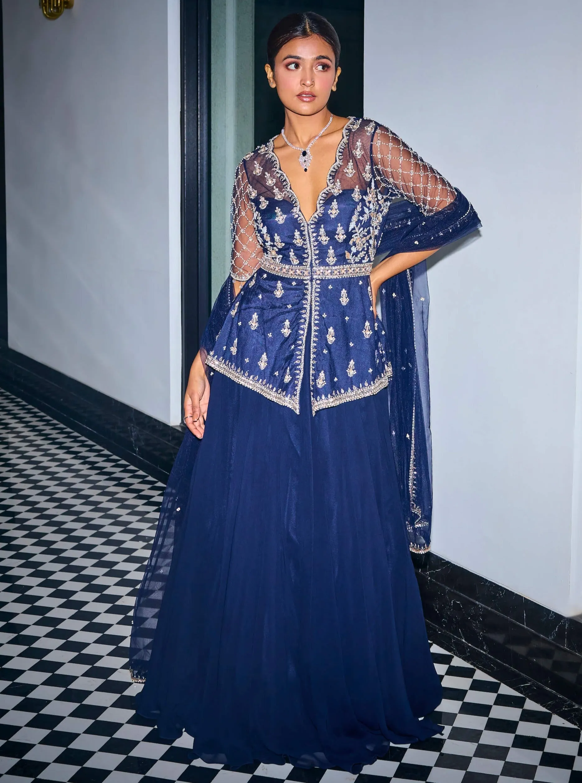 Midnight blue peplum and skirt set