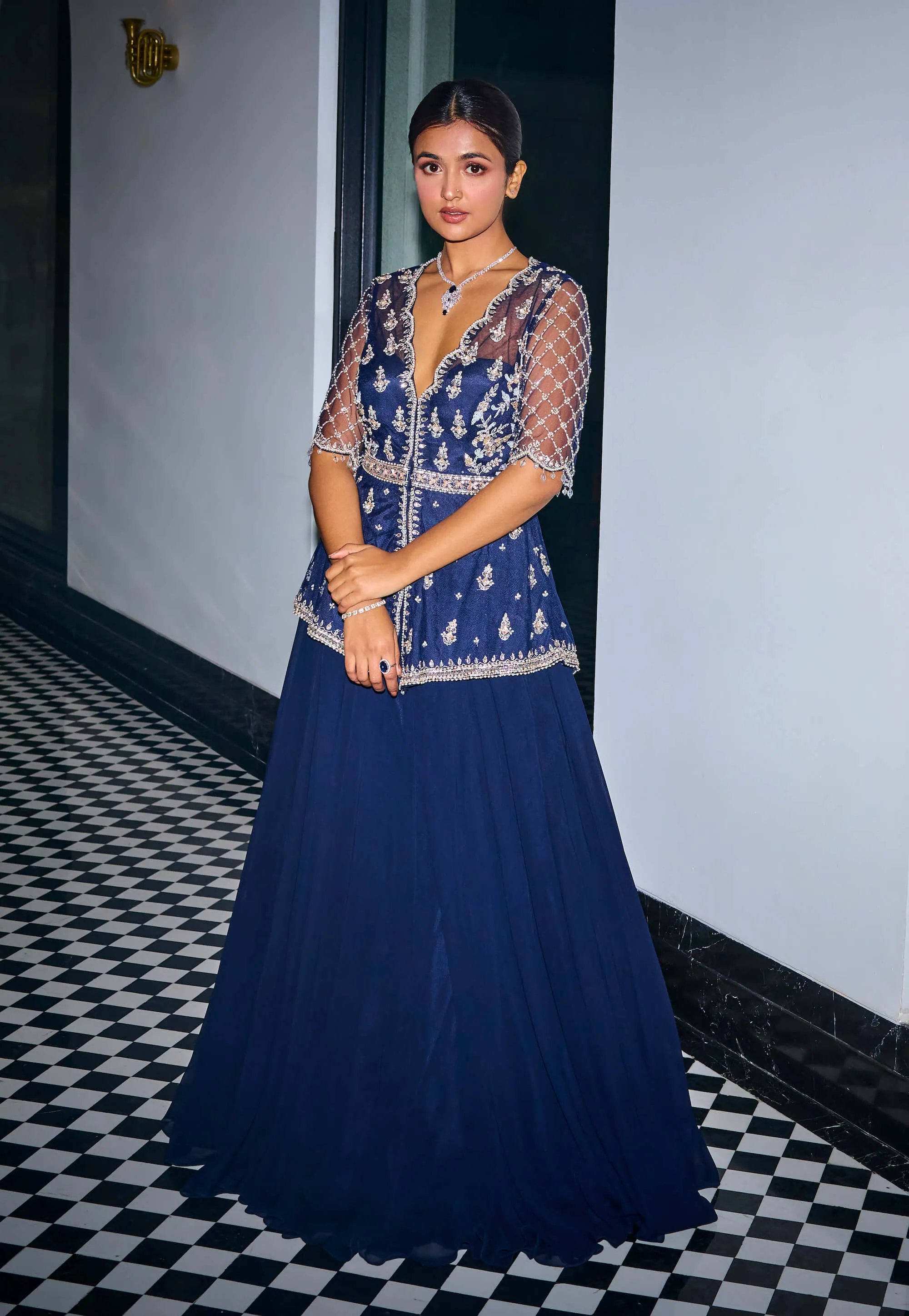 Midnight blue peplum and skirt set