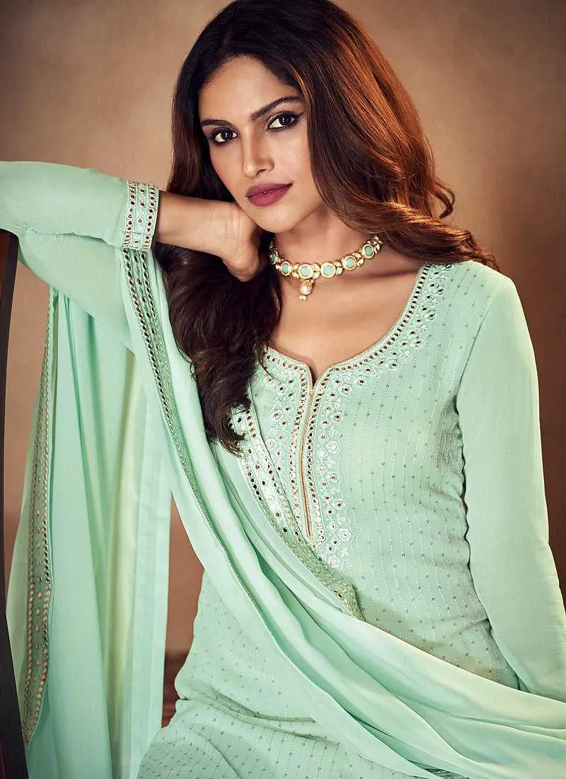 Mint Green Mirror Embroidered Palazzo Style Suit