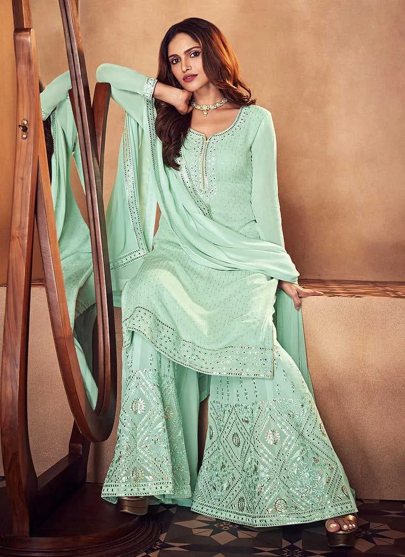 Mint Green Mirror Embroidered Palazzo Style Suit
