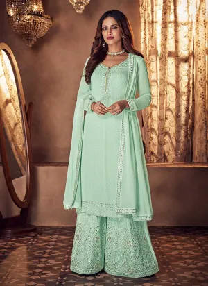 Mint Green Mirror Embroidered Palazzo Style Suit