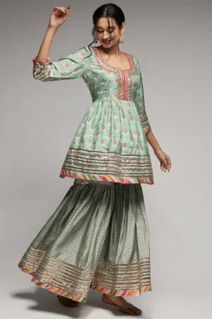 Mint green peplum sharara set