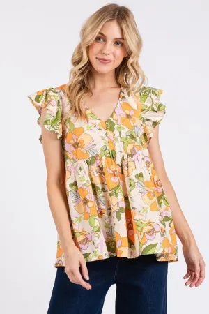Mittoshop Floral V-Neck Ruffled Cap Sleeve Peplum Blouse