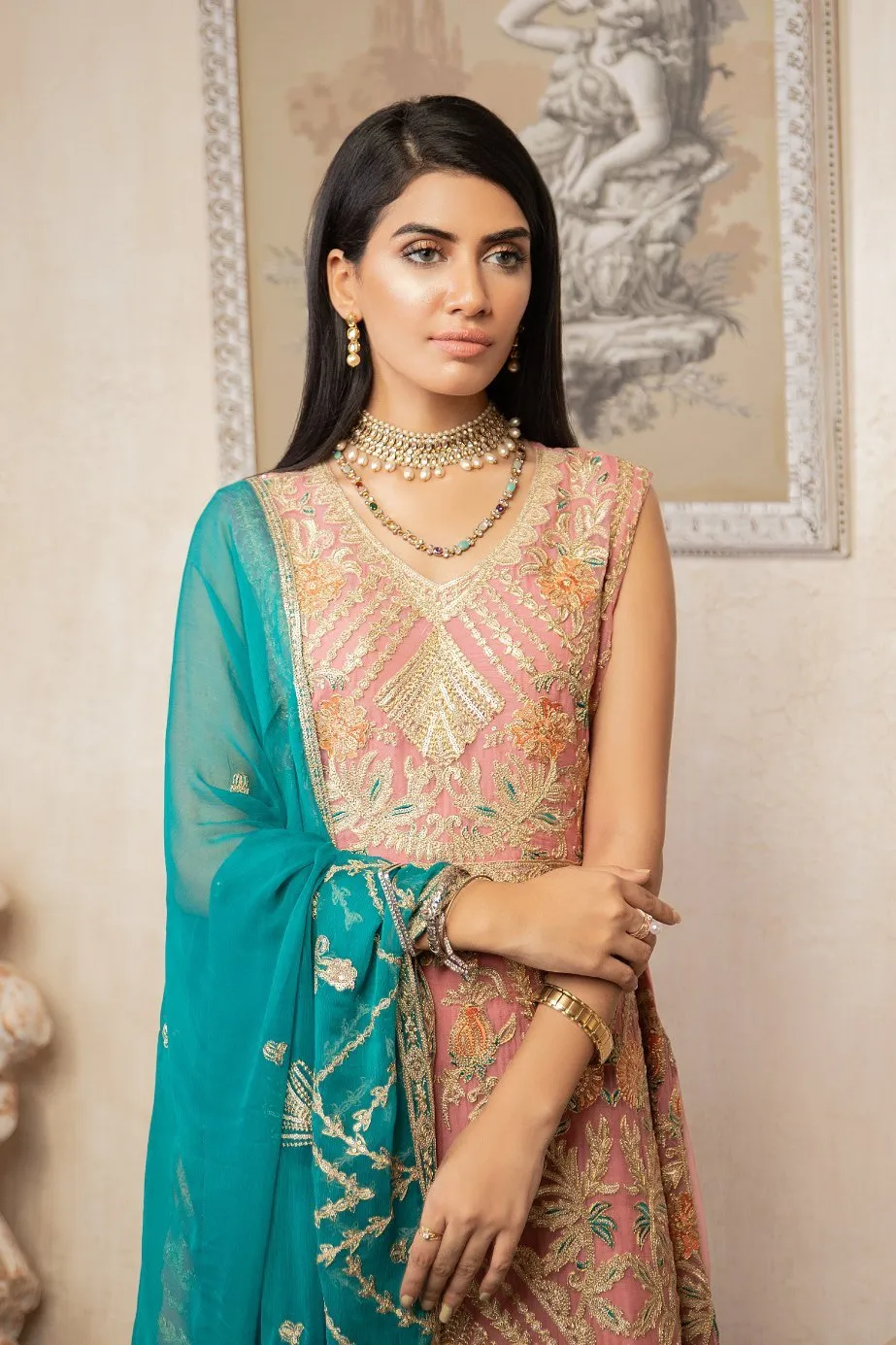 Modern Pakistani Sleeveless Chiffon Dress In Rosy Pink Color # CA125