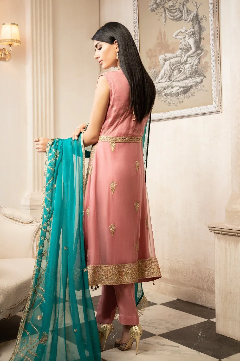 Modern Pakistani Sleeveless Chiffon Dress In Rosy Pink Color # CA125
