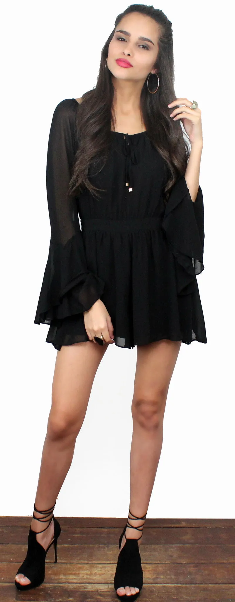 Modern Romance Long Sleeves Black Romper