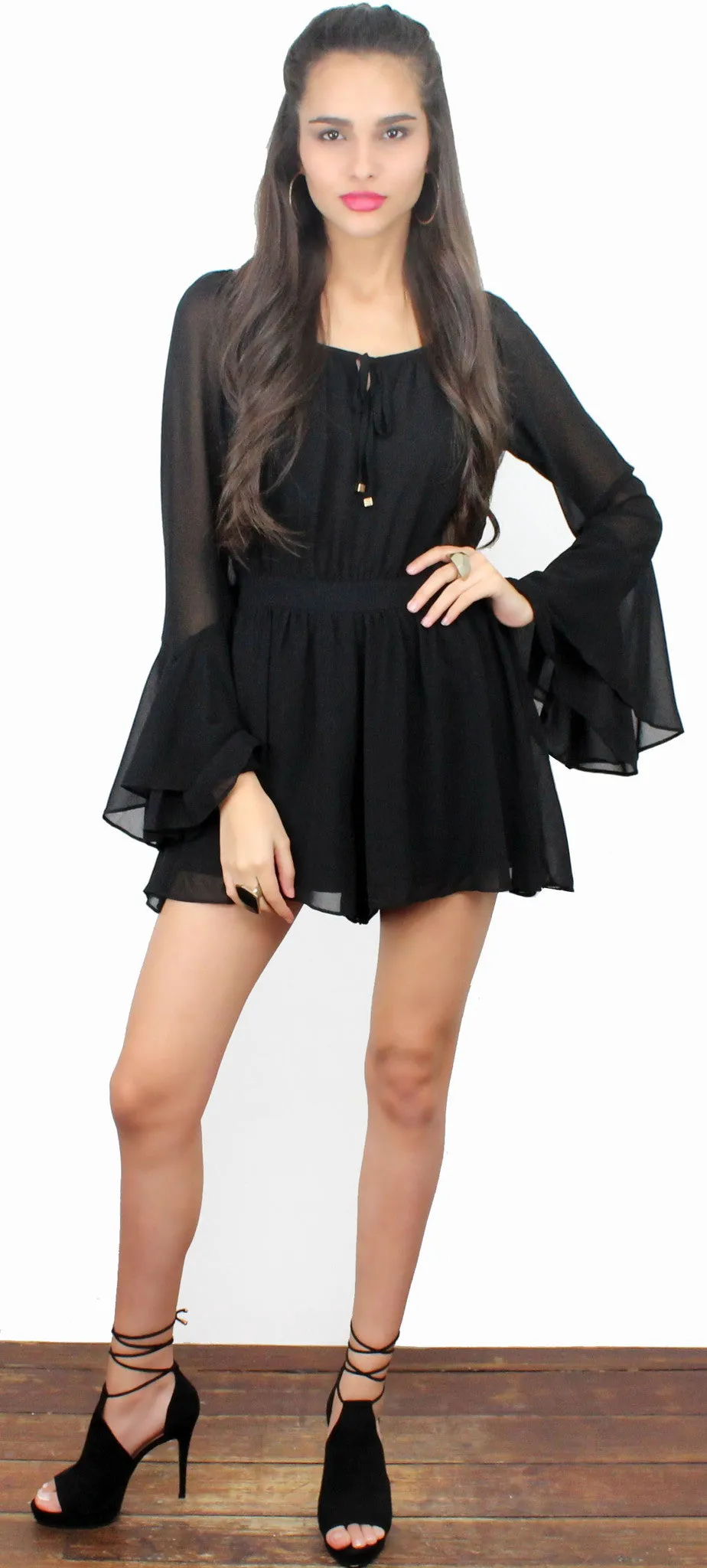 Modern Romance Long Sleeves Black Romper