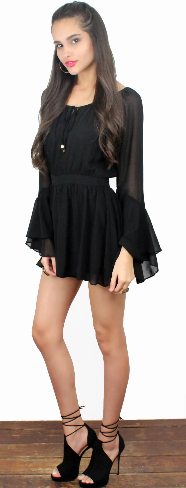 Modern Romance Long Sleeves Black Romper