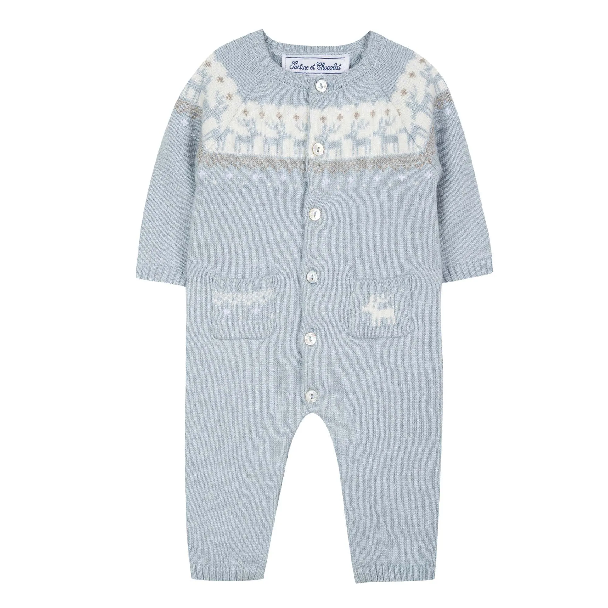 Mother-of-Pearl Deer Long-Sleeved Romper Suit - Cloud Blue
