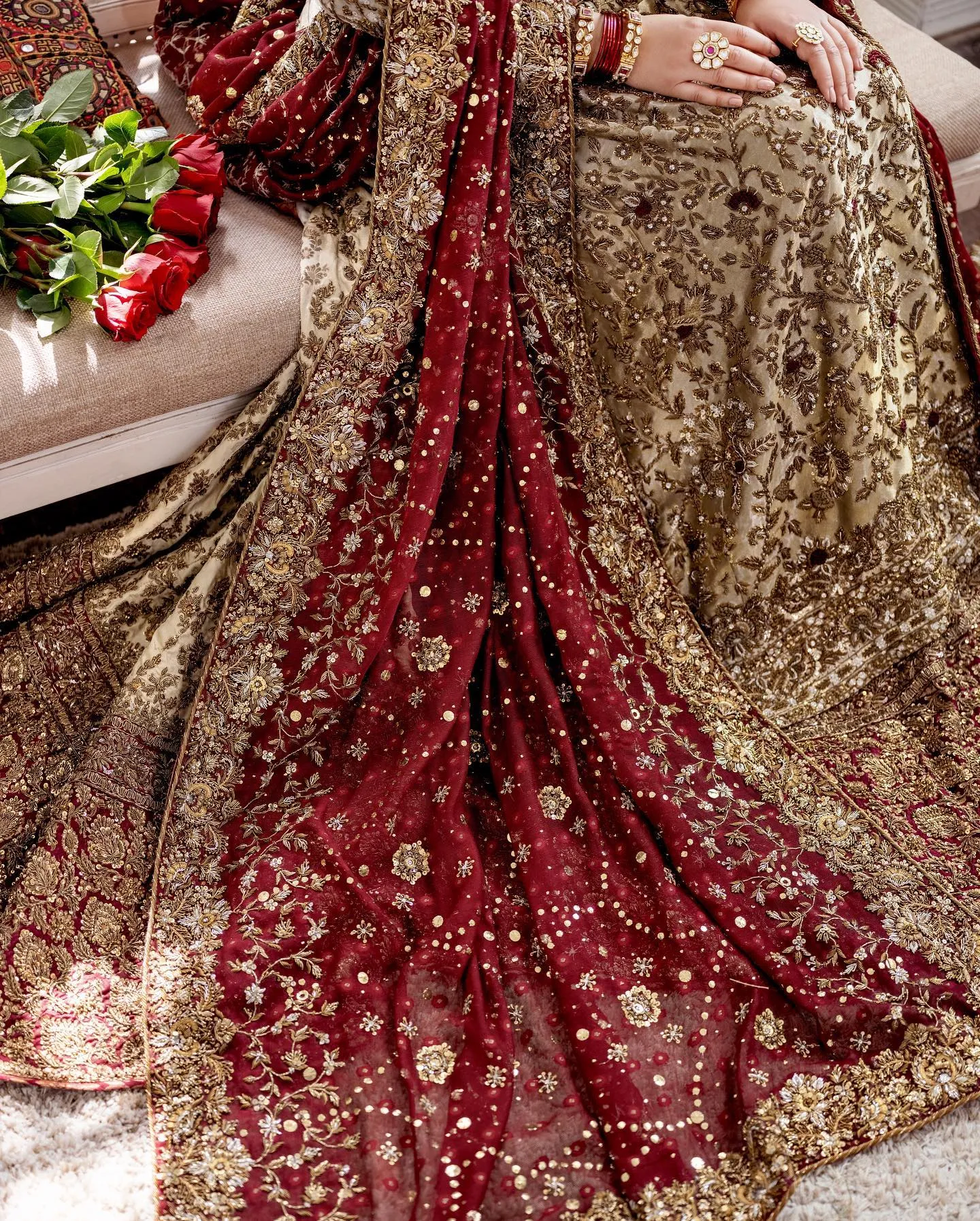 Mughlai Gold Red Kameez Gharara Pakistani Bridal Dresses
