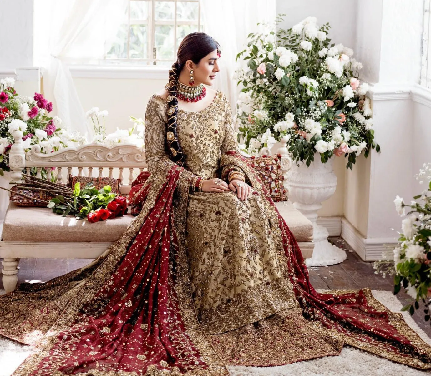 Mughlai Gold Red Kameez Gharara Pakistani Bridal Dresses
