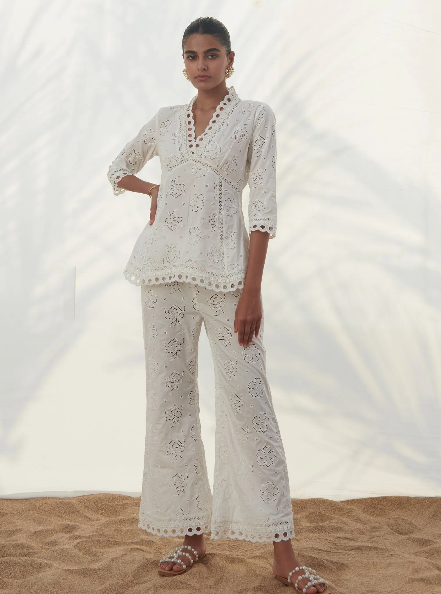 Mulmul Cotton Torenia White Top With Mulmul Cotton Torenia White Pant