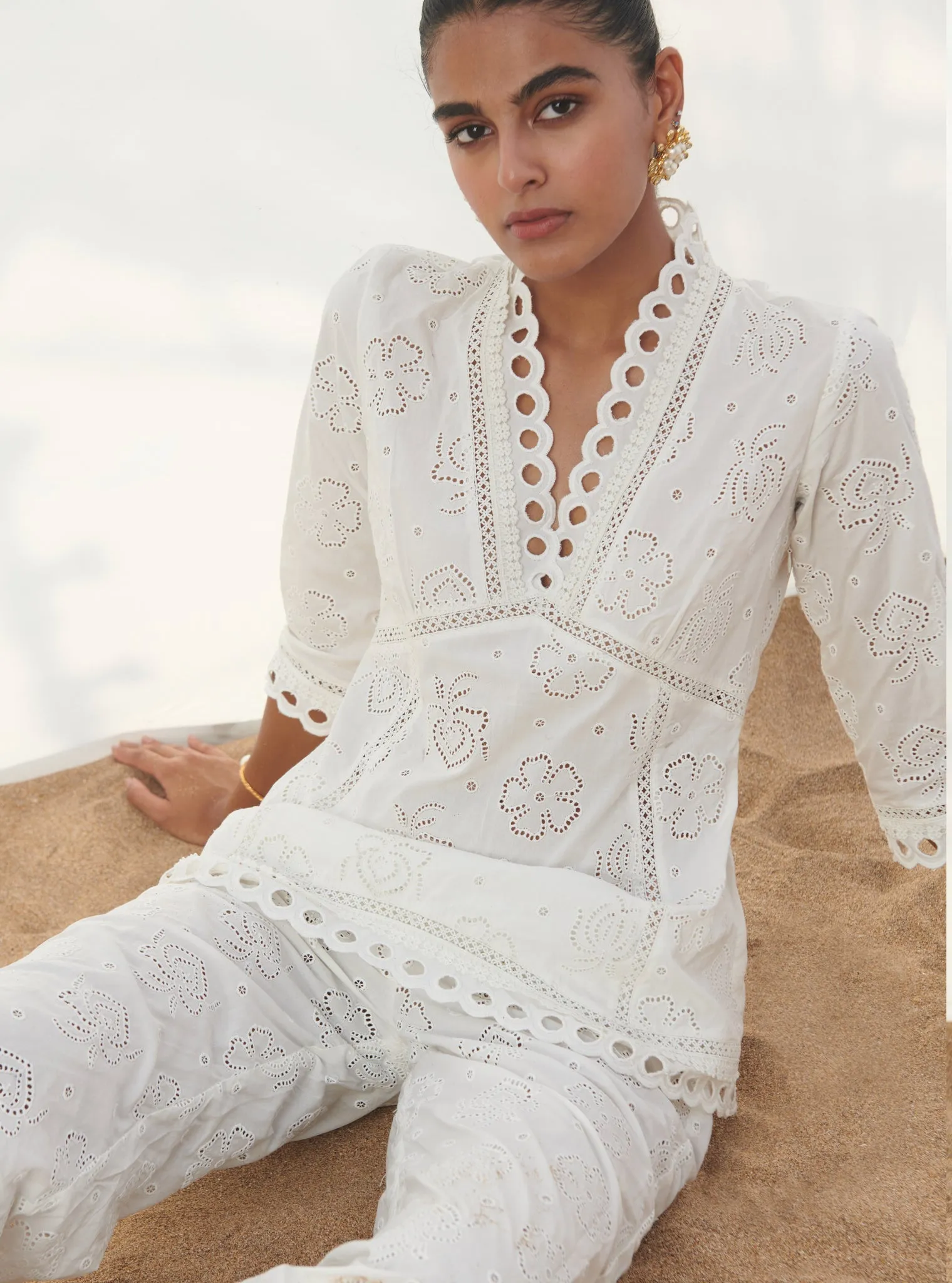 Mulmul Cotton Torenia White Top With Mulmul Cotton Torenia White Pant