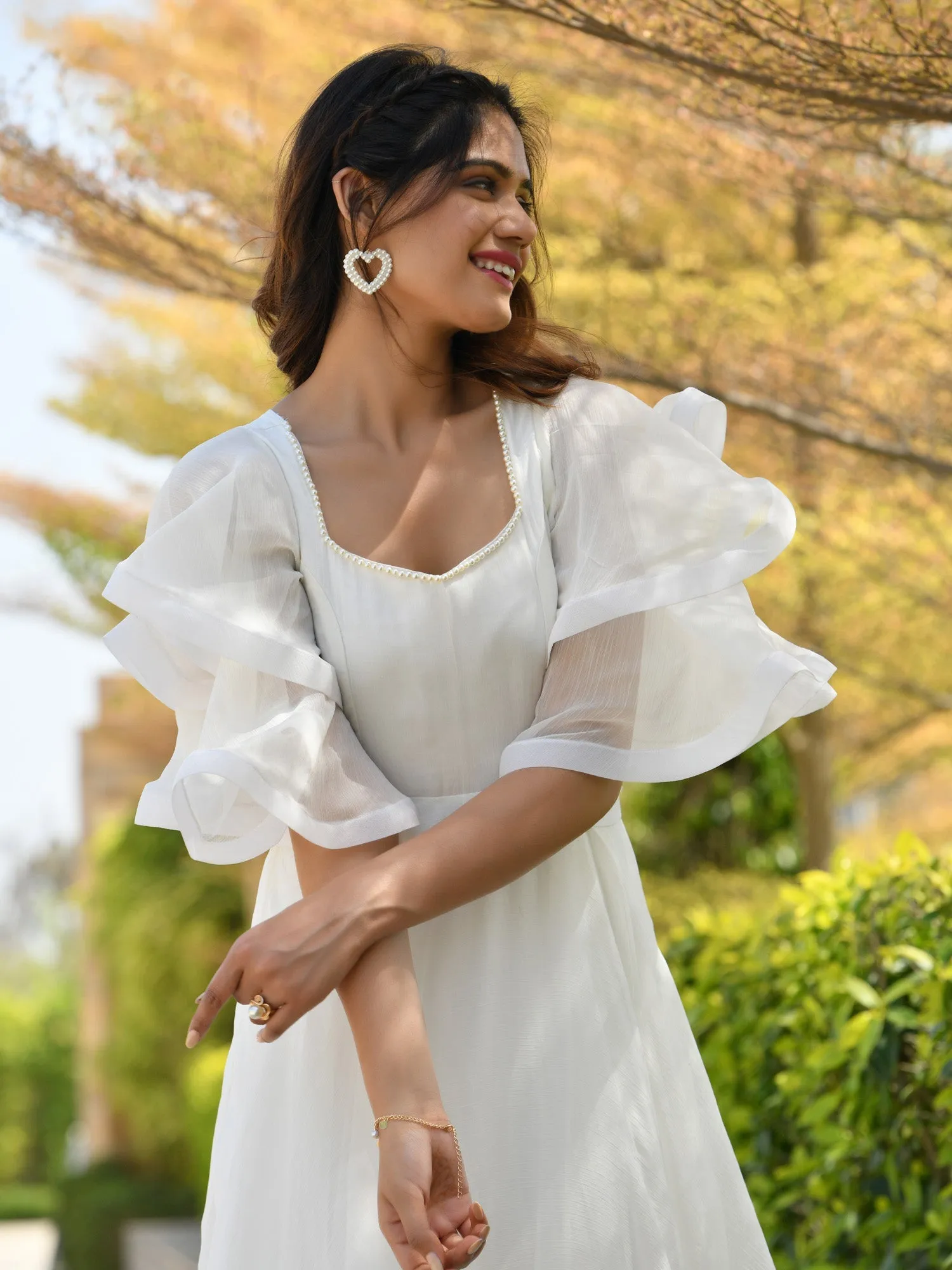 MULMUL LIBNI PEARL WHITE CHIFFON LAYERED DRESS