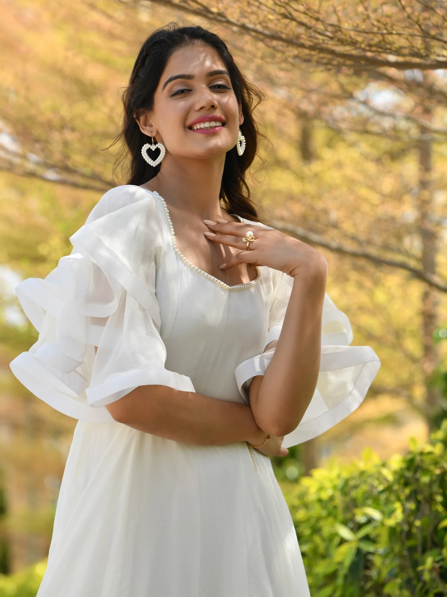 MULMUL LIBNI PEARL WHITE CHIFFON LAYERED DRESS
