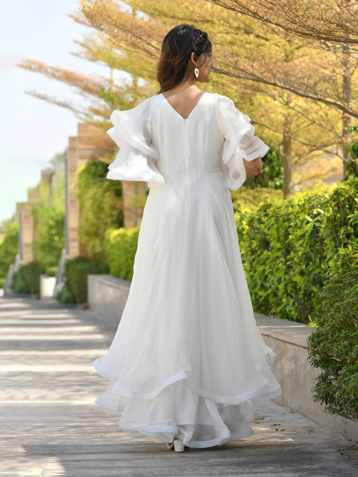 MULMUL LIBNI PEARL WHITE CHIFFON LAYERED DRESS
