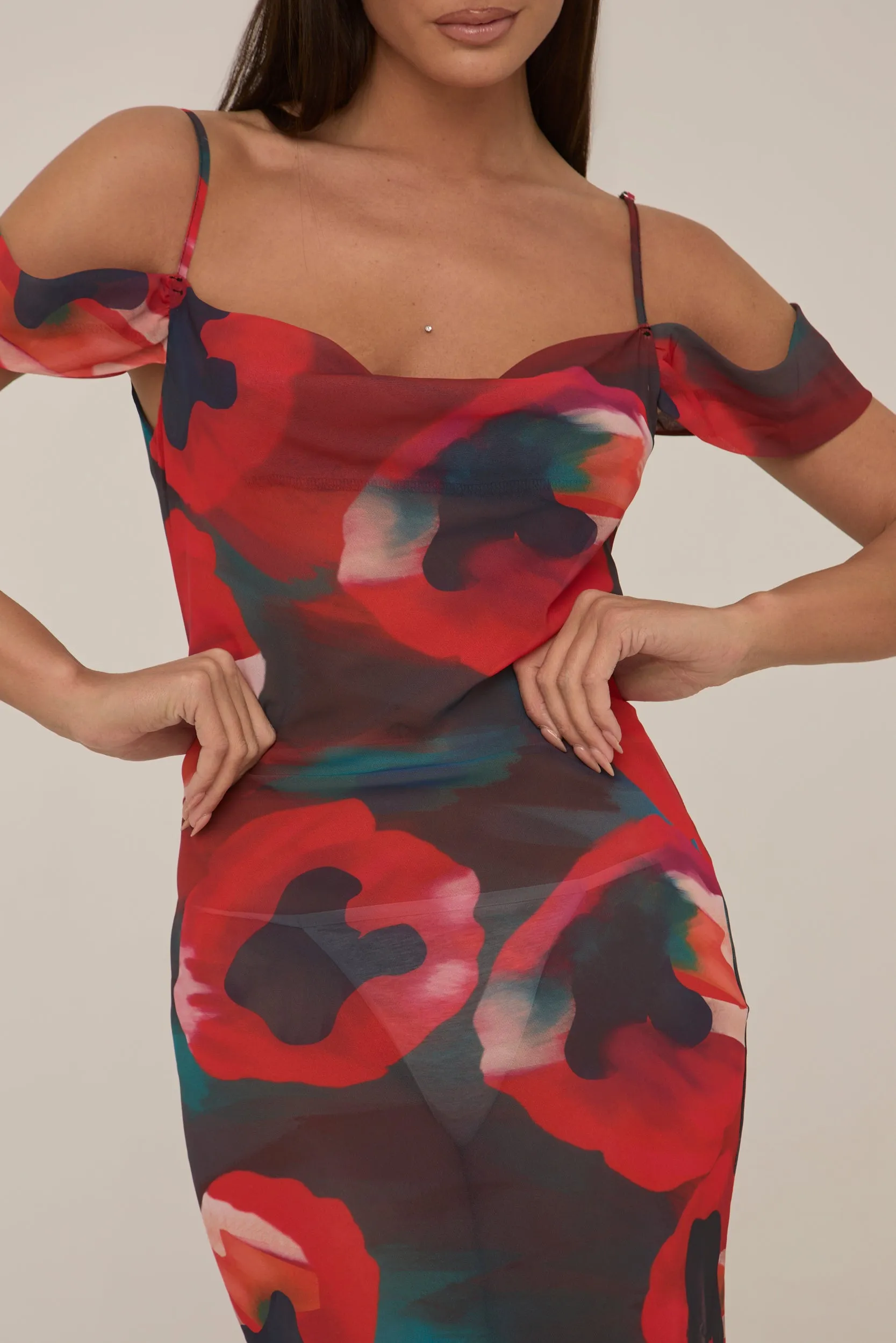 Multi Poppy Printed Sheer Cowl Maxi Dress - Alohi