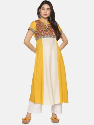 Mustard Cotton Flax Panelled Kurta with Printed Yoke & Embroidered Border