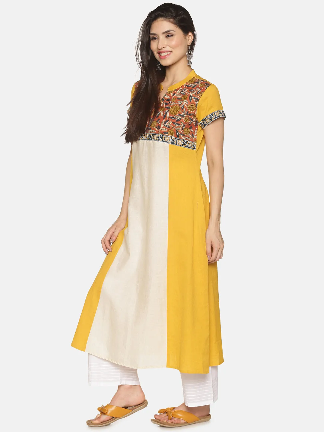 Mustard Cotton Flax Panelled Kurta with Printed Yoke & Embroidered Border
