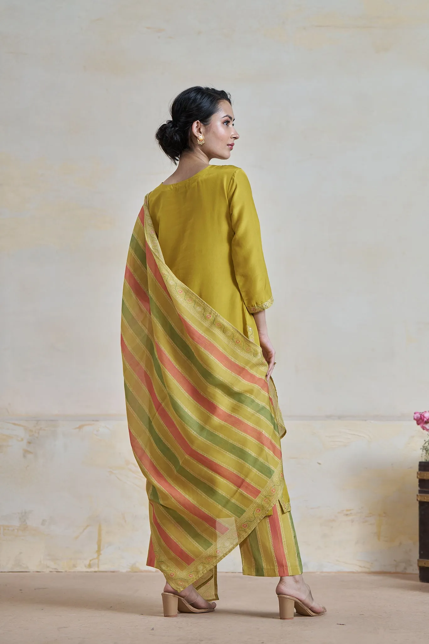 Mustard Moonga Crepe Kurta set with Printed Dupatta