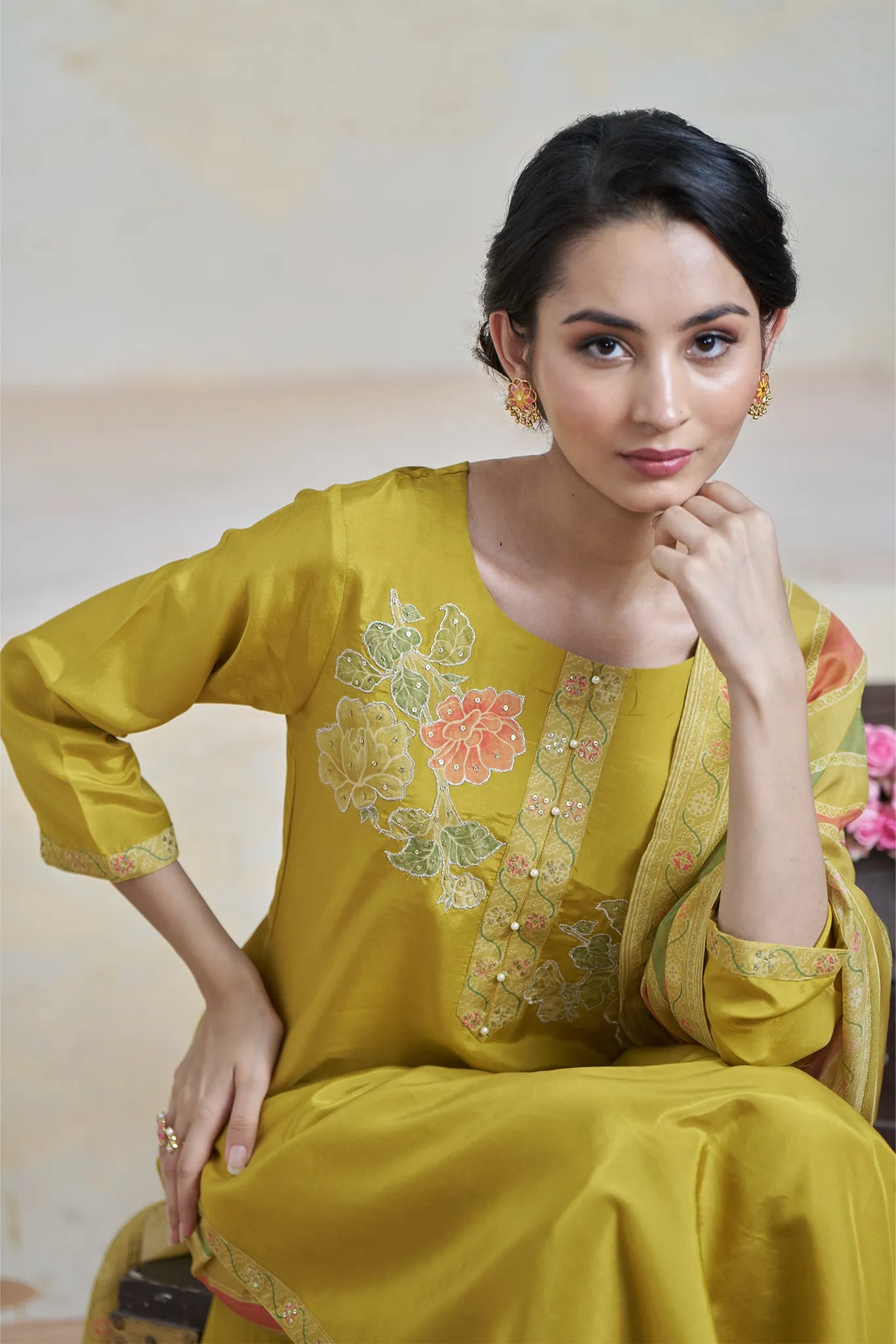 Mustard Moonga Crepe Kurta set with Printed Dupatta