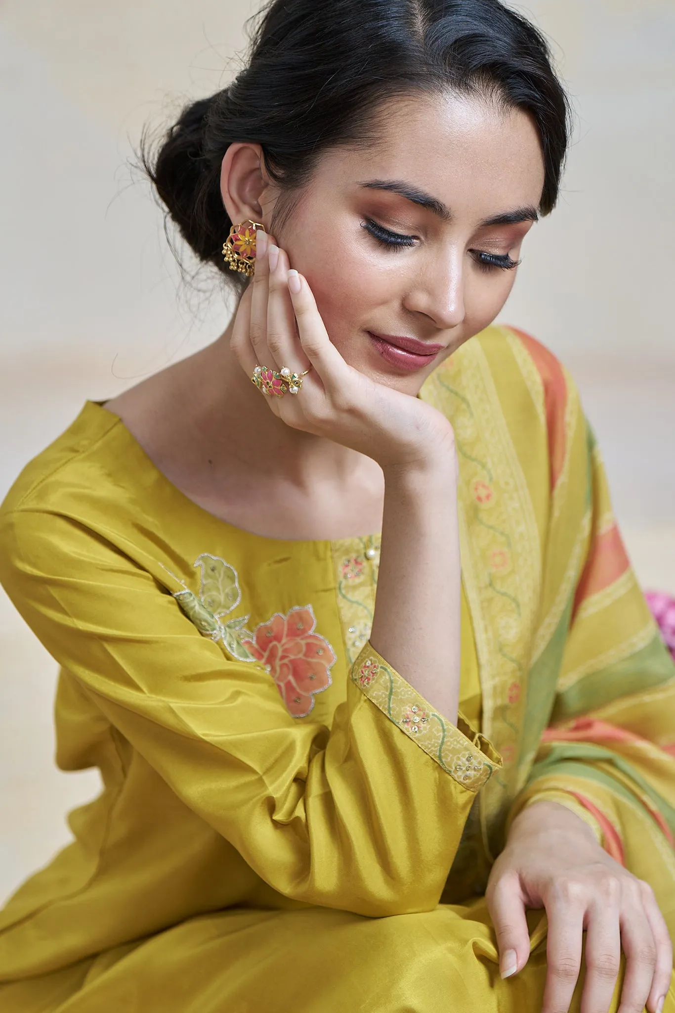 Mustard Moonga Crepe Kurta set with Printed Dupatta
