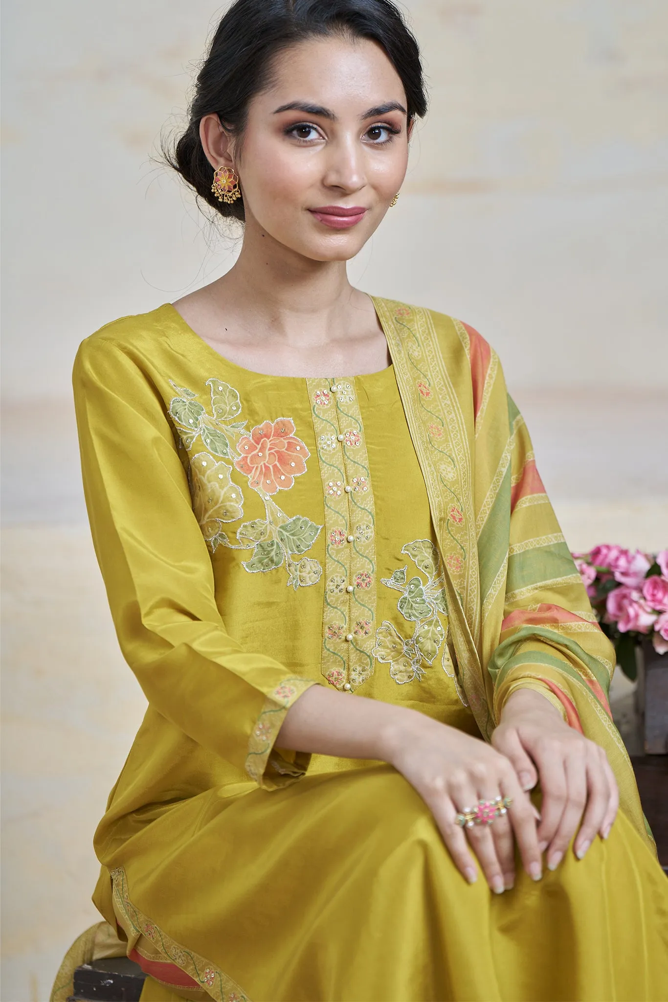 Mustard Moonga Crepe Kurta set with Printed Dupatta