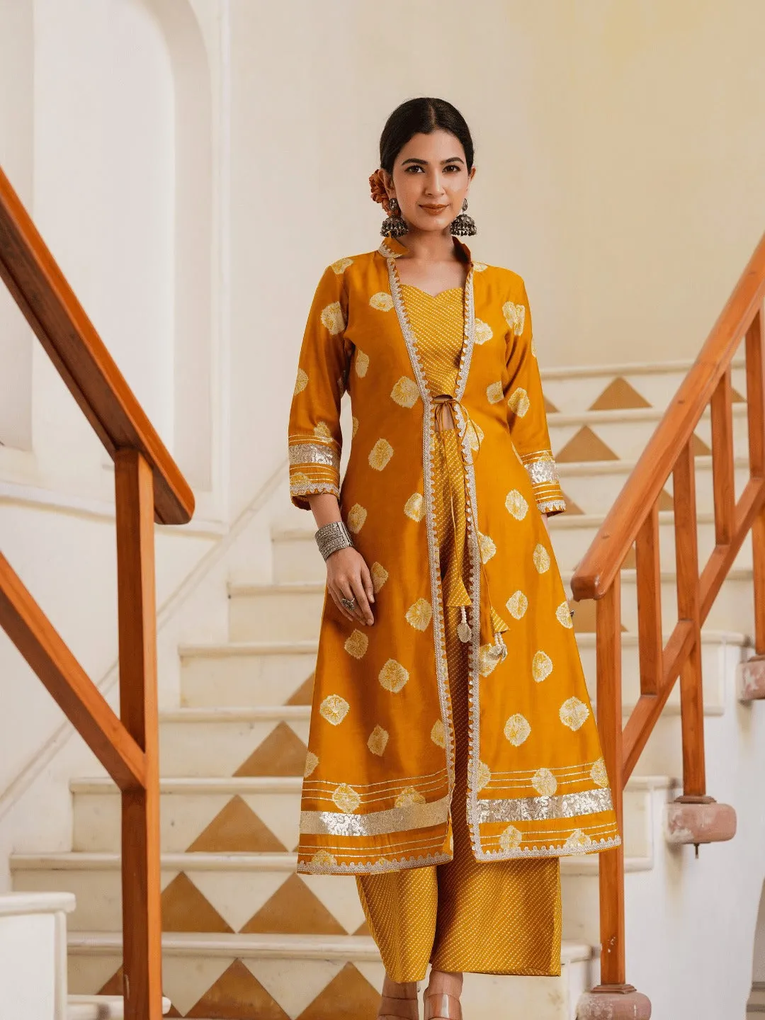 Mustard Printed Top & Palazzo With Shrug Co Ords