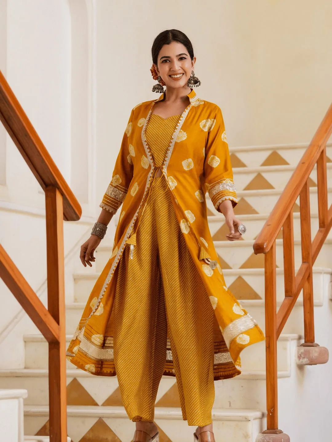 Mustard Printed Top & Palazzo With Shrug Co Ords