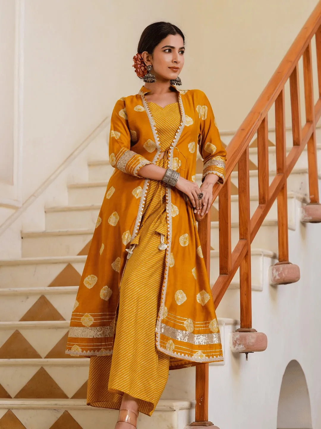 Mustard Printed Top & Palazzo With Shrug Co Ords