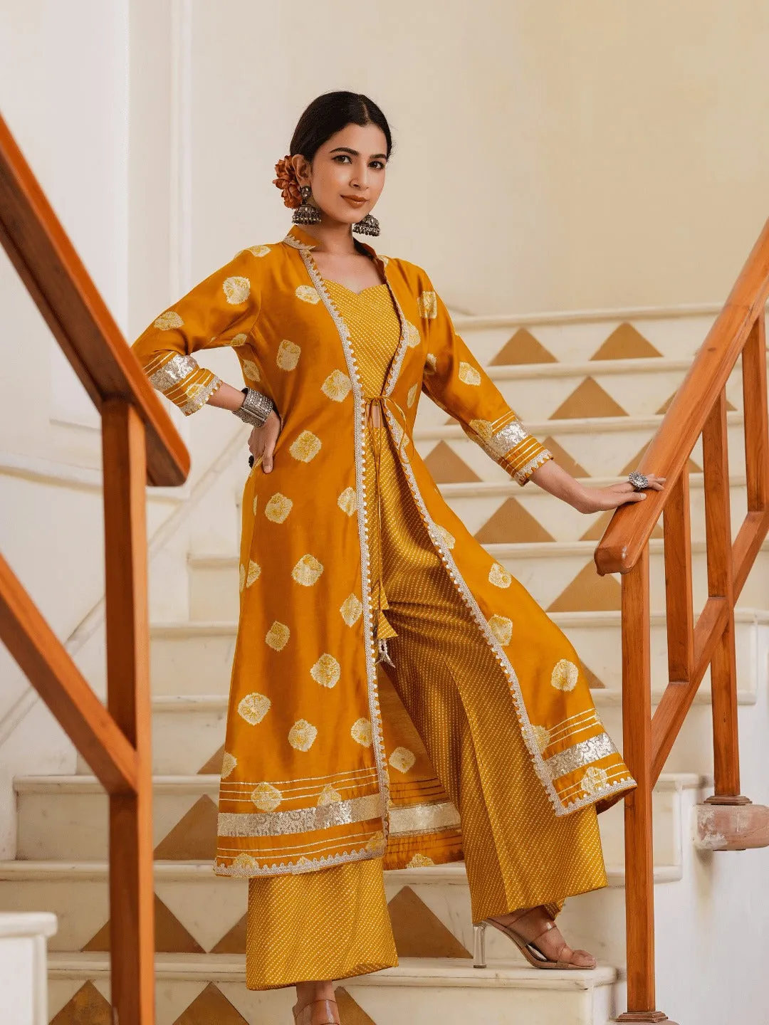 Mustard Printed Top & Palazzo With Shrug Co Ords