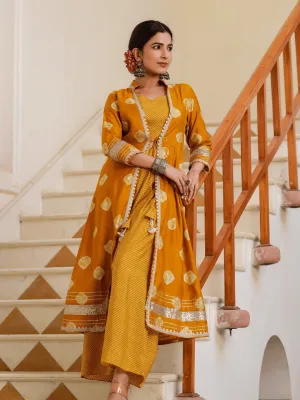 Mustard Printed Top & Palazzo With Shrug Co Ords