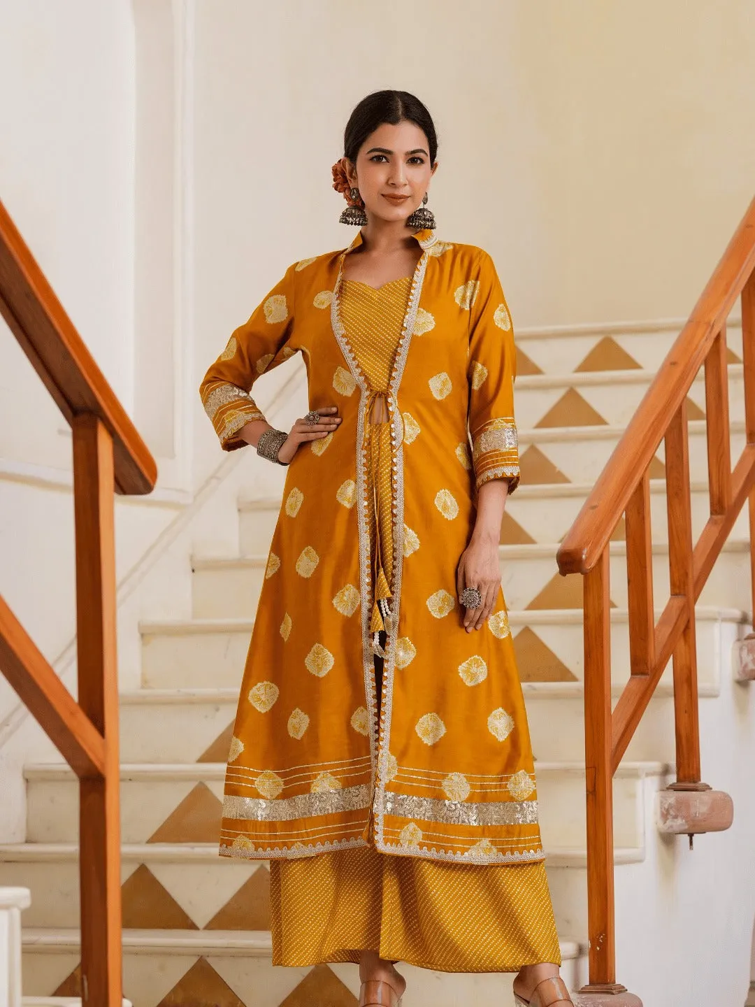 Mustard Printed Top & Palazzo With Shrug Co Ords