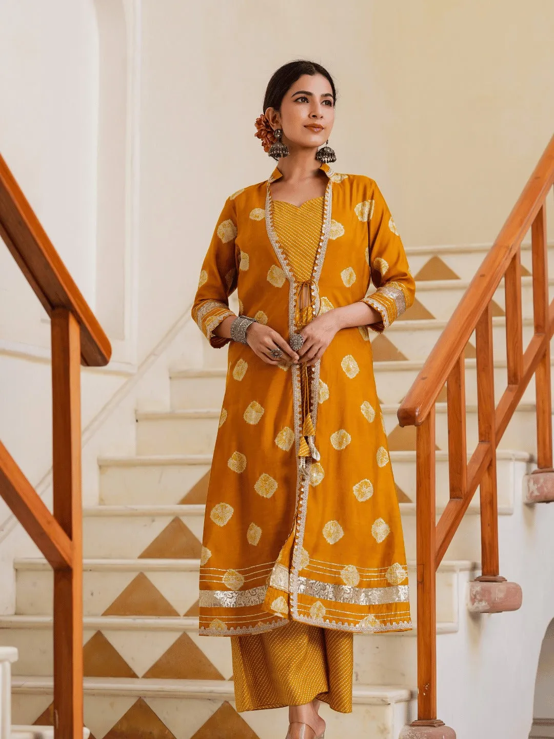 Mustard Printed Top & Palazzo With Shrug Co Ords