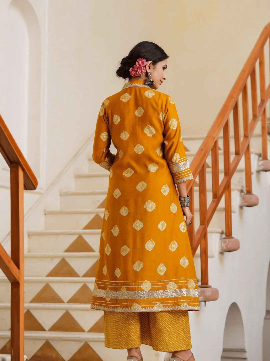 Mustard Printed Top & Palazzo With Shrug Co Ords