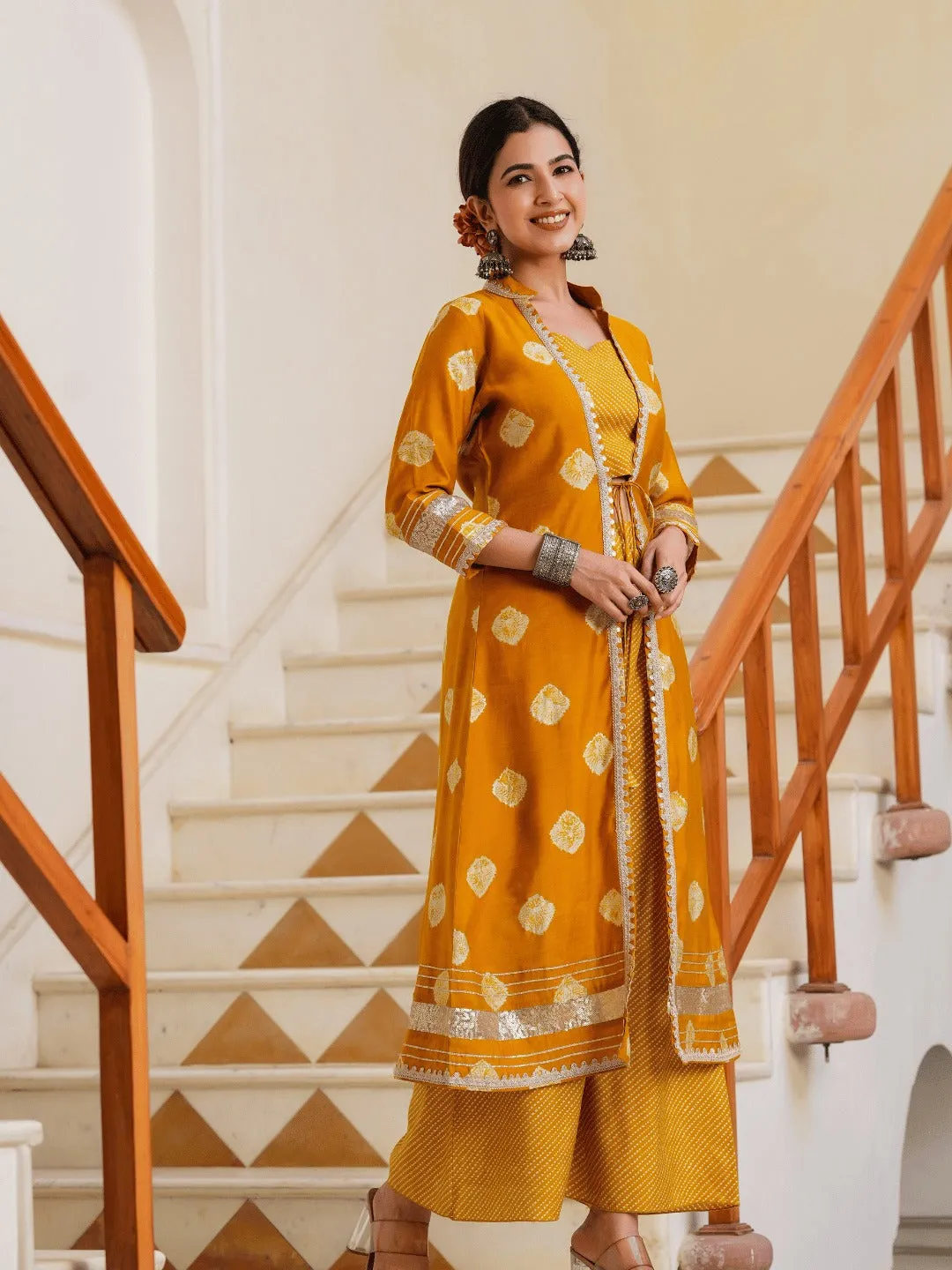 Mustard Printed Top & Palazzo With Shrug Co Ords