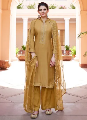 Mustard Yellow Kashmiri Embroidered Designer Palazzo Suit