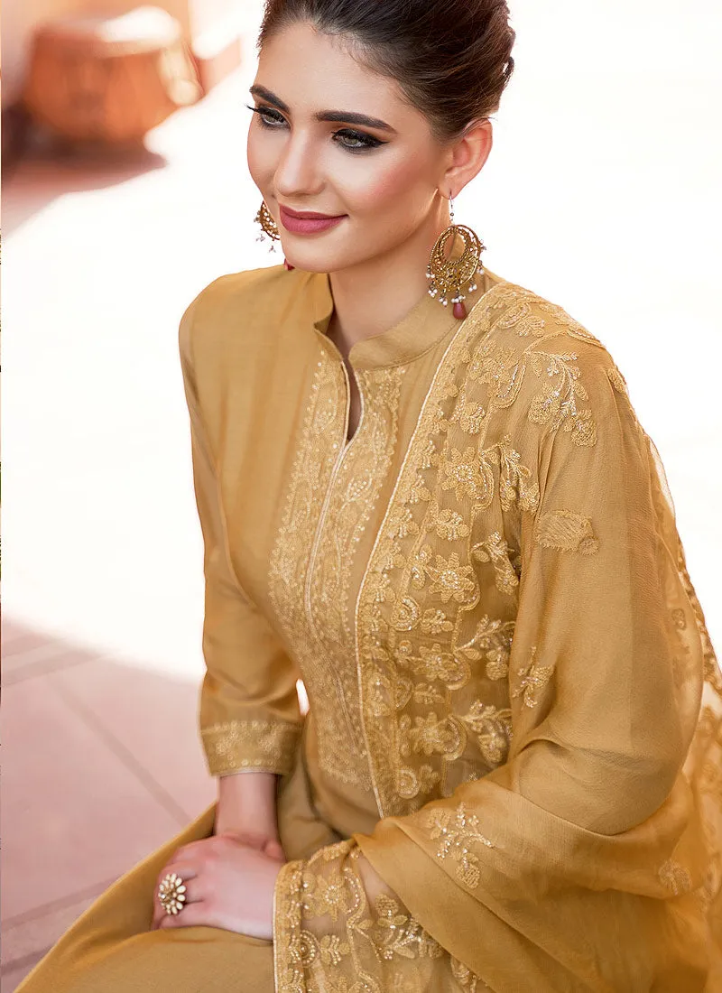 Mustard Yellow Kashmiri Embroidered Designer Palazzo Suit
