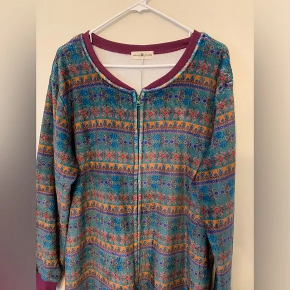 Natural Life Onesie Pajamas Zip Up Teal Green Purple Super Soft Womens Size L/XL