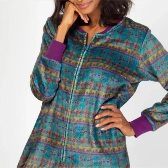 Natural Life Onesie Pajamas Zip Up Teal Green Purple Super Soft Womens Size L/XL