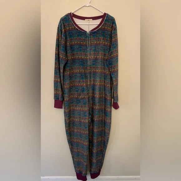 Natural Life Onesie Pajamas Zip Up Teal Green Purple Super Soft Womens Size L/XL