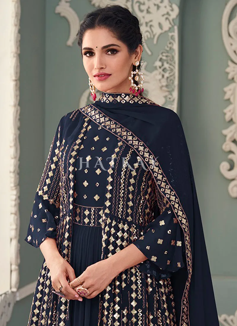 Navy Blue Golden Sequence Embroidered Jacket Style Anarkali Suit