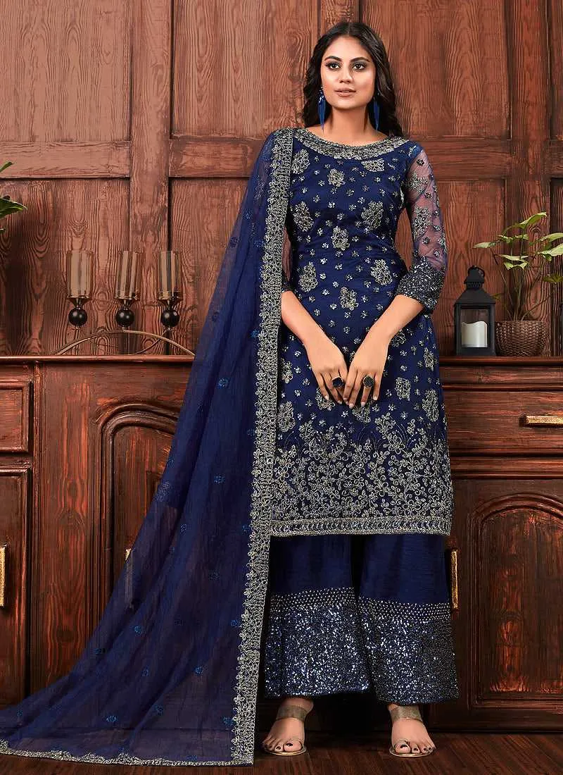 Navy Blue Heavy Embroidered Plazzo Style Suit